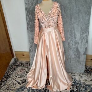 FORMAL Peach Pink‎ Sequins V-Neck Maxi Dress Sz S Wedding Ballgown Princess